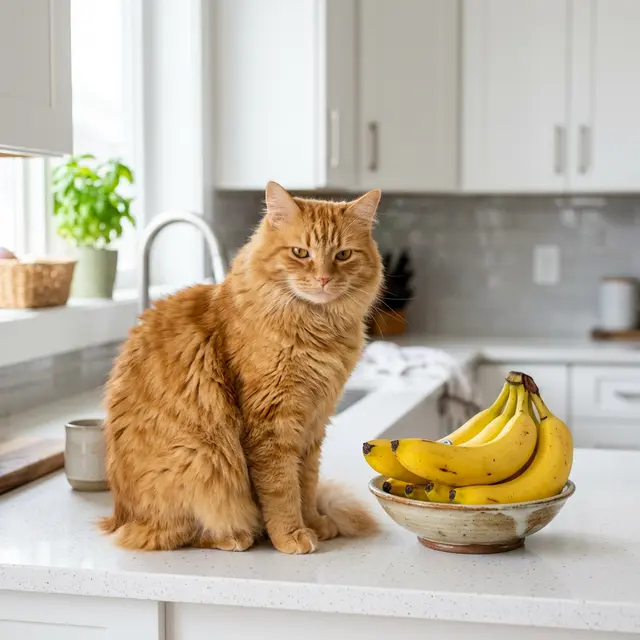 Orange ginger cat next to a bowl of bananas