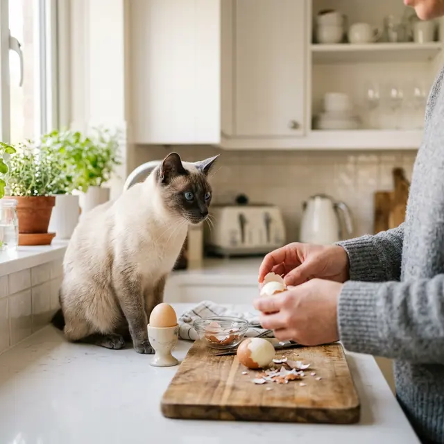 Siamese cat watching eggs being peeled