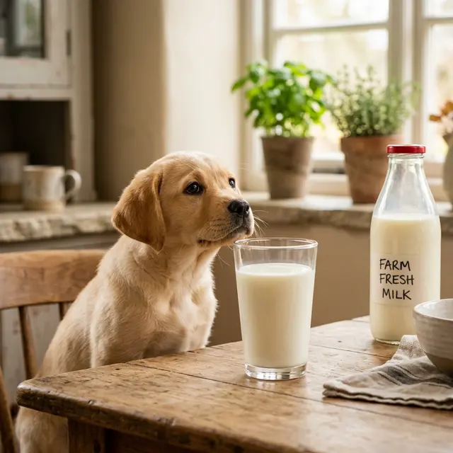 Labrador puppy looking at glass of milk