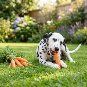 Dalmatian chewing fresh carrot on garden lawn