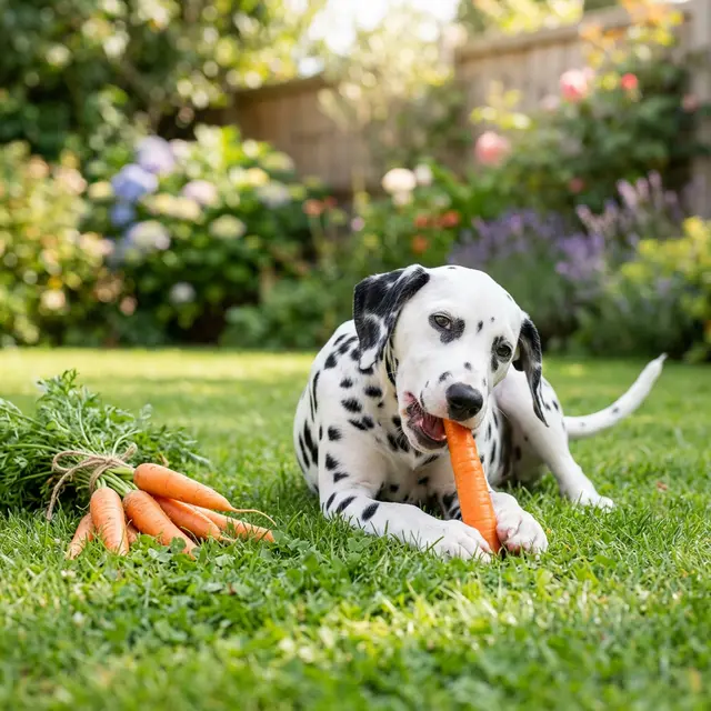 Dalmatian chewing fresh carrot on garden lawn