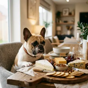 French Bulldog with cheese board