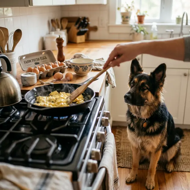 German Shepherd watching scrambled eggs cooking