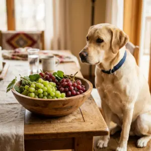 Labrador next to bowl of grapes - toxic danger