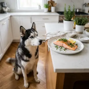 Husky watching cooked salmon fillet on a plate