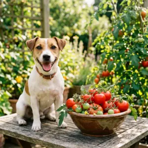 Jack Russell Terrier next to bowl of tomatoes